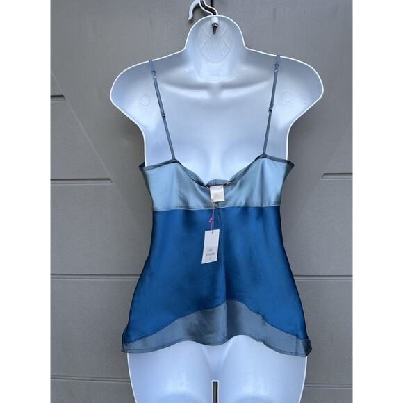 Gold Hawk silk camisole tank Color block Lightblue Teal Velvet Trim Y2K 90s Sz S - Picture 4 of 8